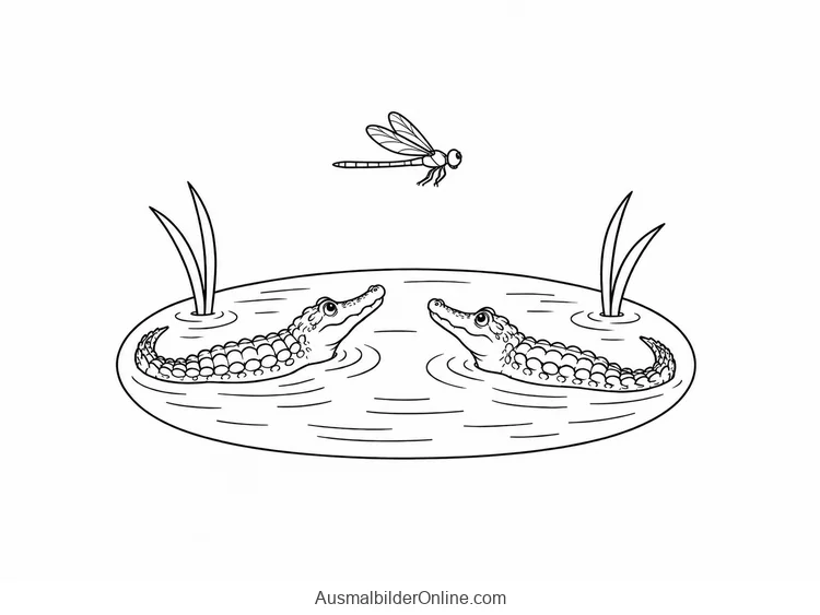 Zwei kleine Krokodile schauen aus dem Wasser zu einer Libelle im Seitenprofil