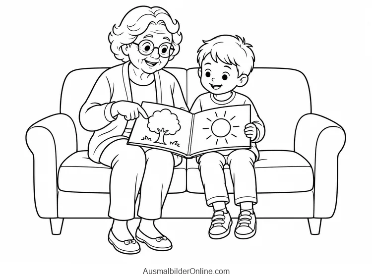 Großmutter und Junge sitzen auf einem Sofa und betrachten ein Bilderbuch mit Baum und Sonne