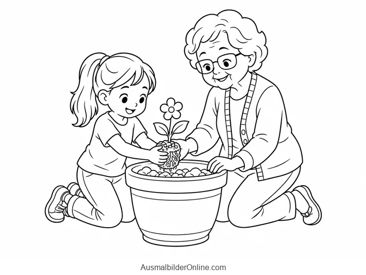 Großmutter und Mädchen knien an einem Blumentopf und halten eine Blume mit Wurzeln über die Erde