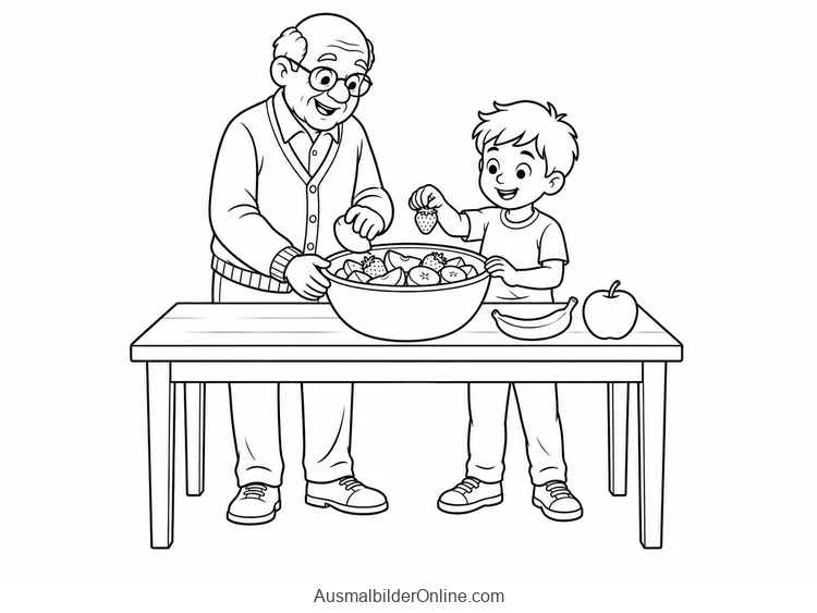 Opa und Enkel bereiten Obstsalat in einer großen Schüssel am Tisch zu
