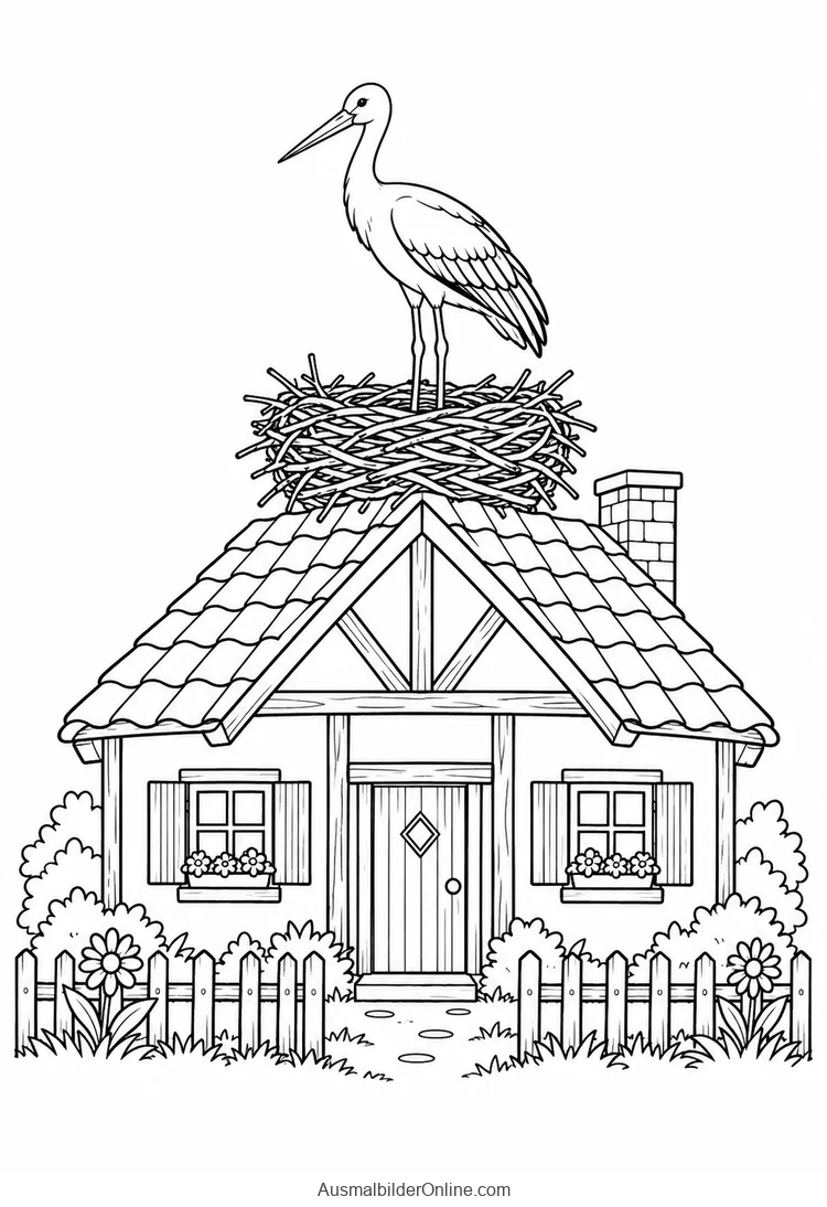 Ein Storch steht im Zweignest auf dem Dach eines kleinen Landhauses