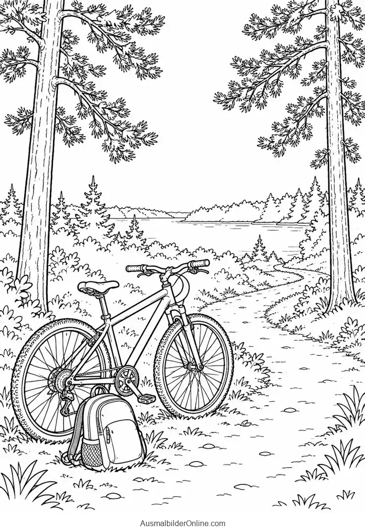 Ein Fahrrad mit kleinem Rucksack steht am Waldweg zwischen zwei Kiefern