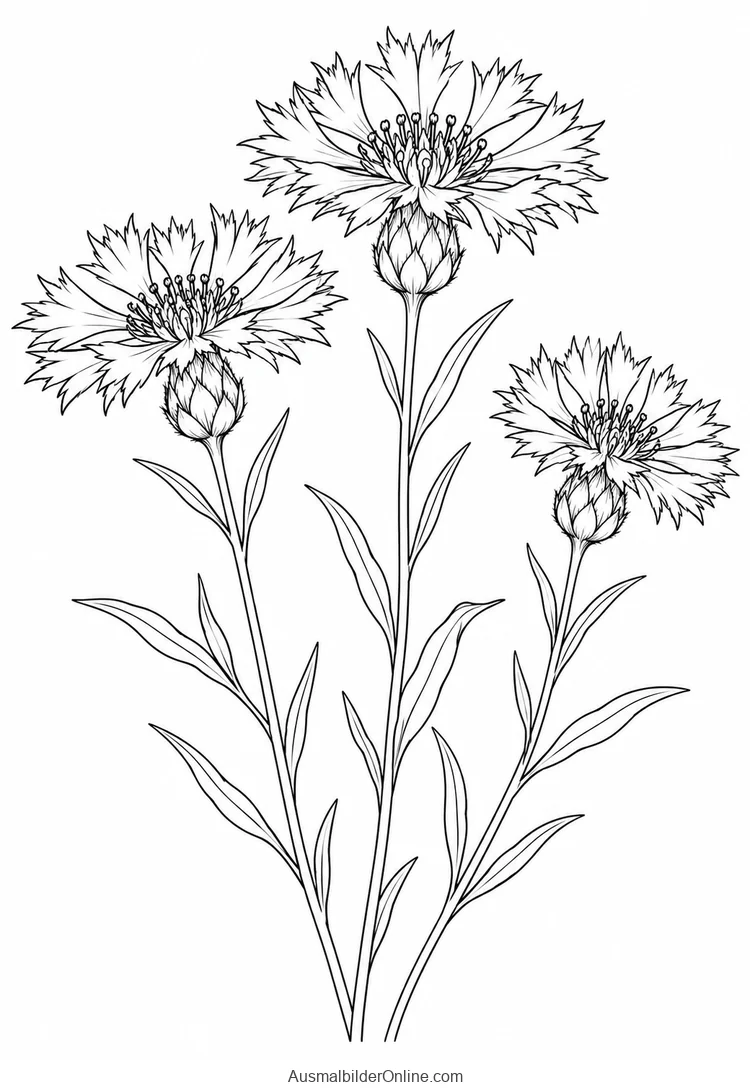 Drei Kornblumen mit gefransten Blütenköpfen und schmalen Blättern