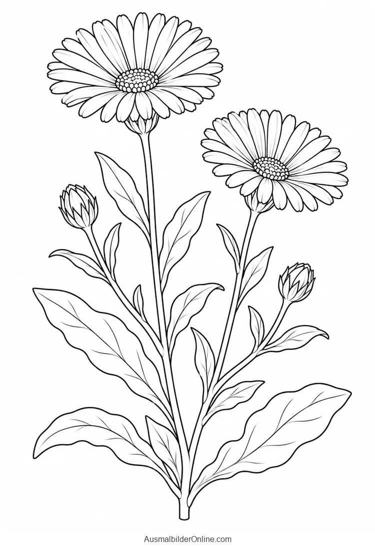 Ringelblumenpflanze mit zwei offenen Blütenköpfen und länglichen Blättern