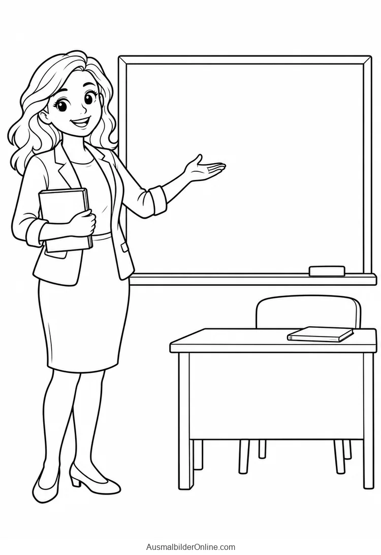 Lehrerin mit Buch zeigt auf eine leere Tafel neben einem Schultisch