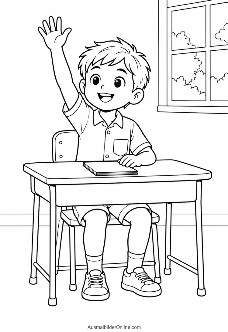 Junge meldet sich an seiner Schulbank neben einem Fenster
