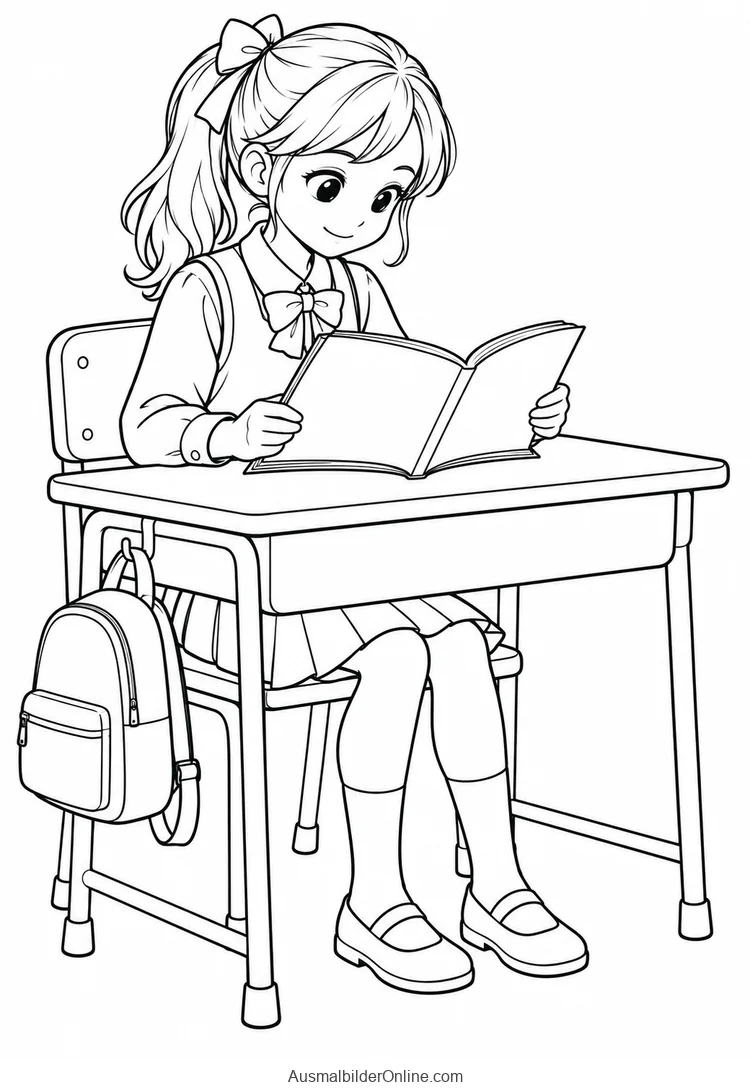 Mädchen liest ein Buch am Schultisch mit einem Ranzen an der Seite