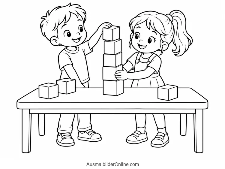 Zwei Kinder bauen einen Turm aus Würfeln an einem Tisch