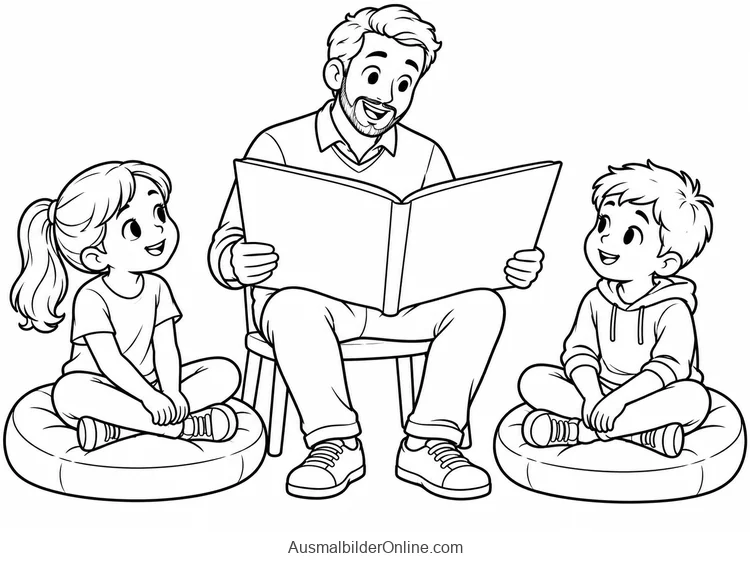 Lehrer liest zwei Kindern auf runden Sitzkissen ein großes Buch vor
