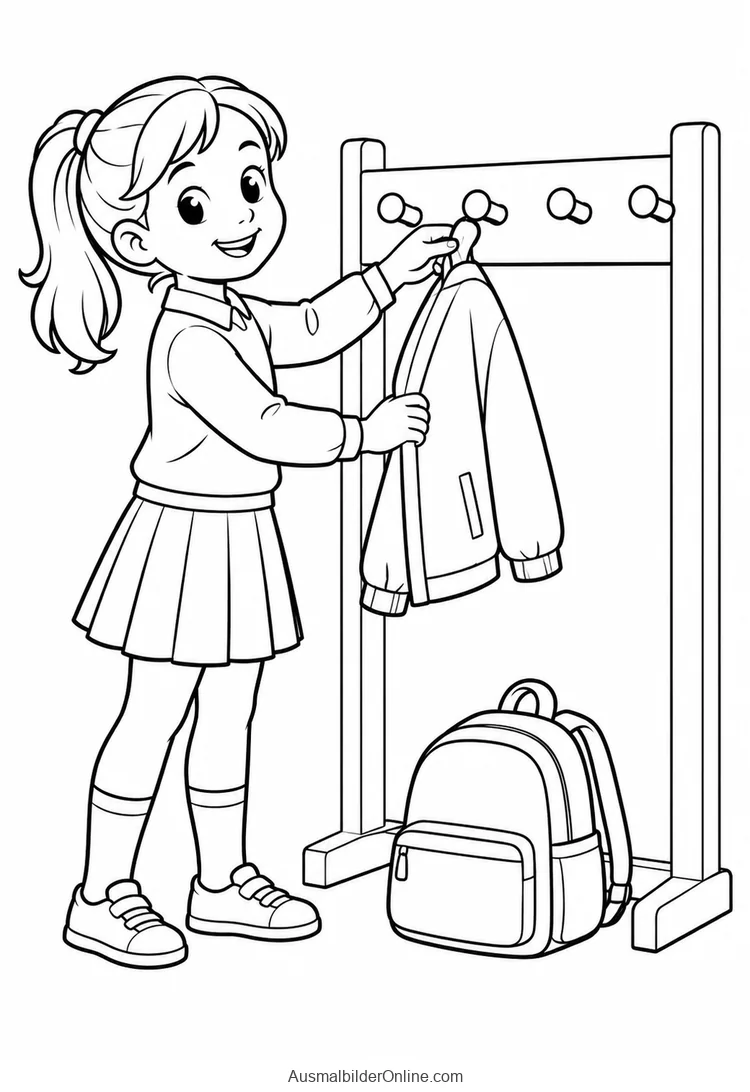 Mädchen hängt eine Jacke an die Garderobe neben einem Ranzen