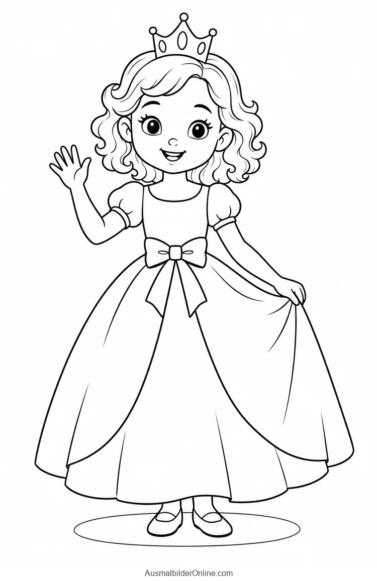 Prinzessin mit Krone, Locken und Schleife am Kleid winkt freundlich
