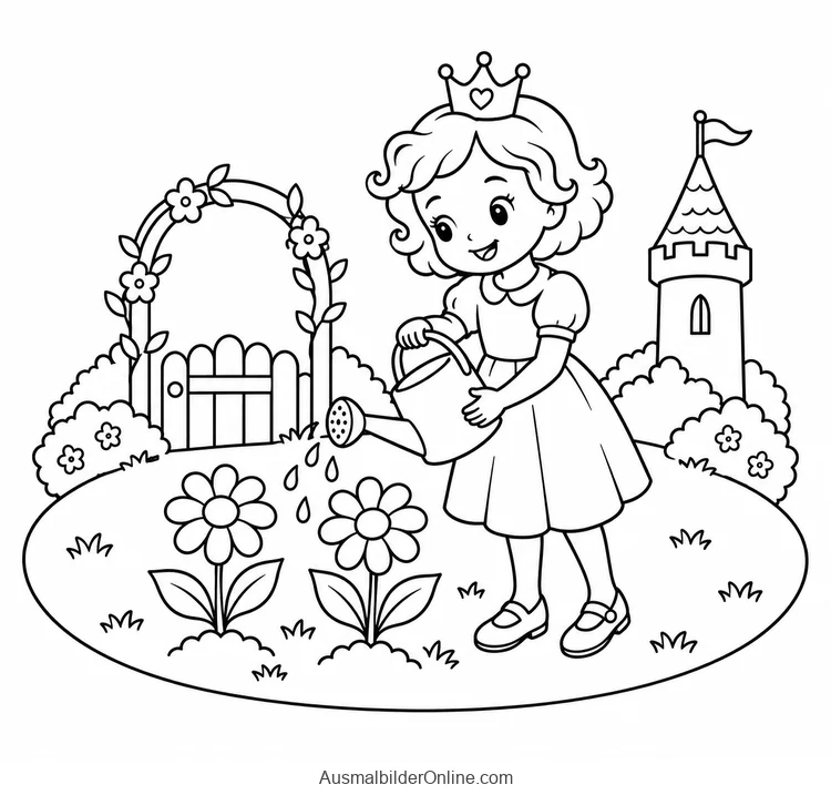 Prinzessin gießt zwei Blumen mit einer Gießkanne im Schlossgarten