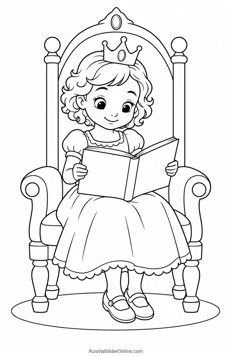 Prinzessin liest ein aufgeschlagenes Buch auf einem verzierten Thron