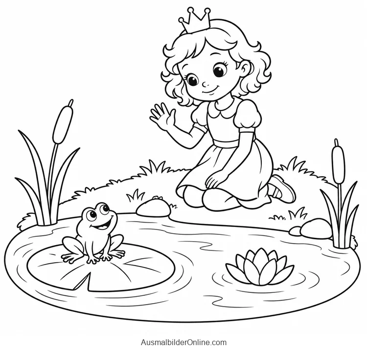 Prinzessin kniet am Teich und winkt einem Frosch auf einem Seerosenblatt