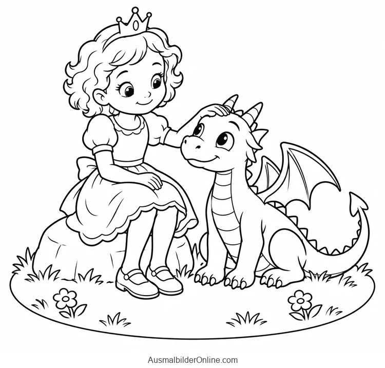 Prinzessin sitzt auf einem Stein und streichelt einen kleinen Drachen am Kopf