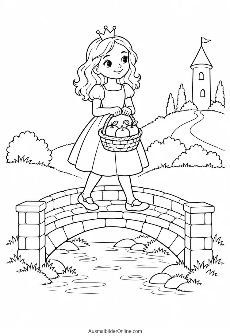 Prinzessin trägt einen Korb mit Äpfeln über eine Steinbrücke vor einem Schlossturm
