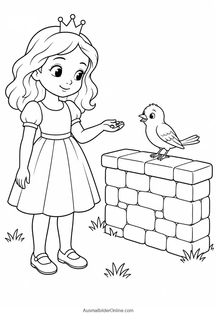 Prinzessin bietet einem Vogel auf einer Steinmauer Körner an