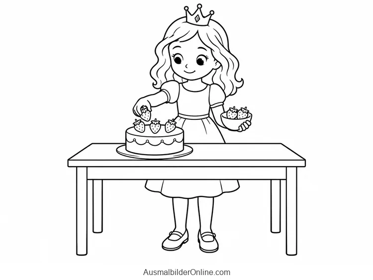 Prinzessin verziert einen runden Kuchen mit Erdbeeren und hält eine Schüssel