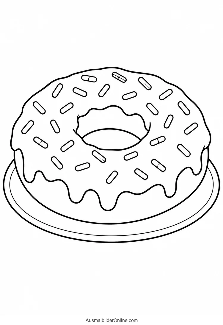 Ein großer Ringdonut mit welligem Zuckerguss und länglichen Streuseln liegt auf einem Teller