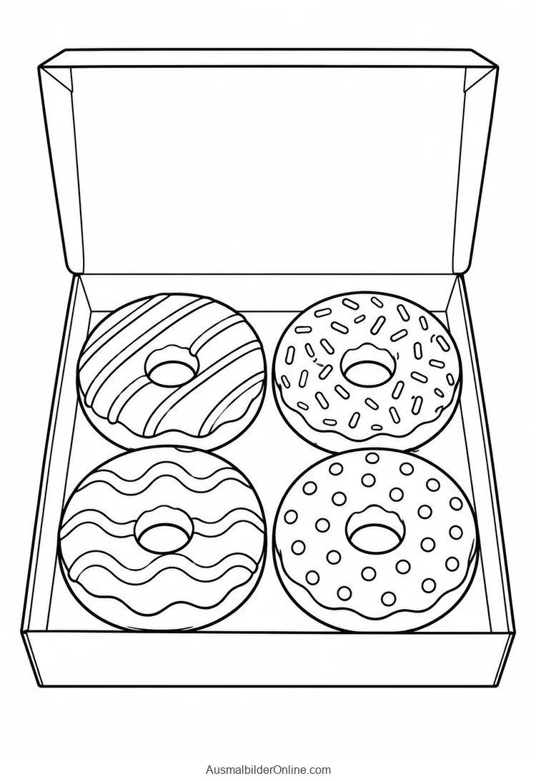 Eine offene Schachtel enthält vier verschieden verzierte Ringdonuts