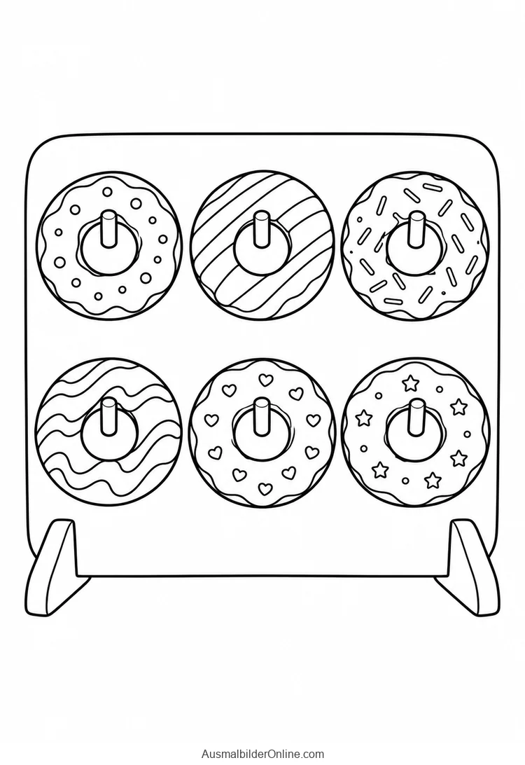 Sechs Ringdonuts hängen an einem kleinen Ständer in zwei Reihen