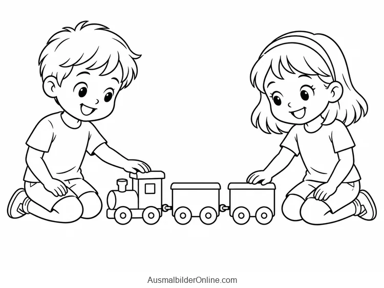 Zwei kniende Kinder spielen mit einer Lokomotive und zwei Spielzeugwaggons