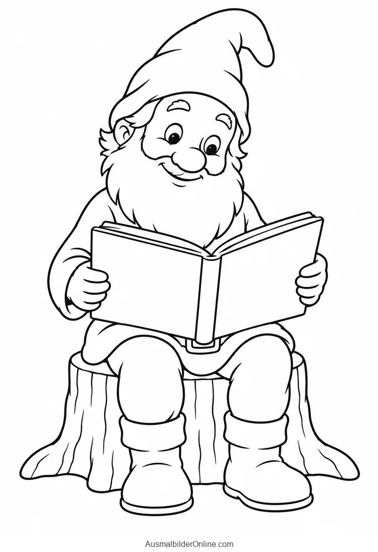 Zwerg sitzt auf einem Baumstumpf und liest ein aufgeschlagenes Buch