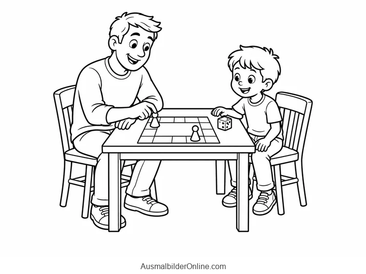 Vater und Junge spielen ein Brettspiel mit Figuren und einem Würfel am Tisch