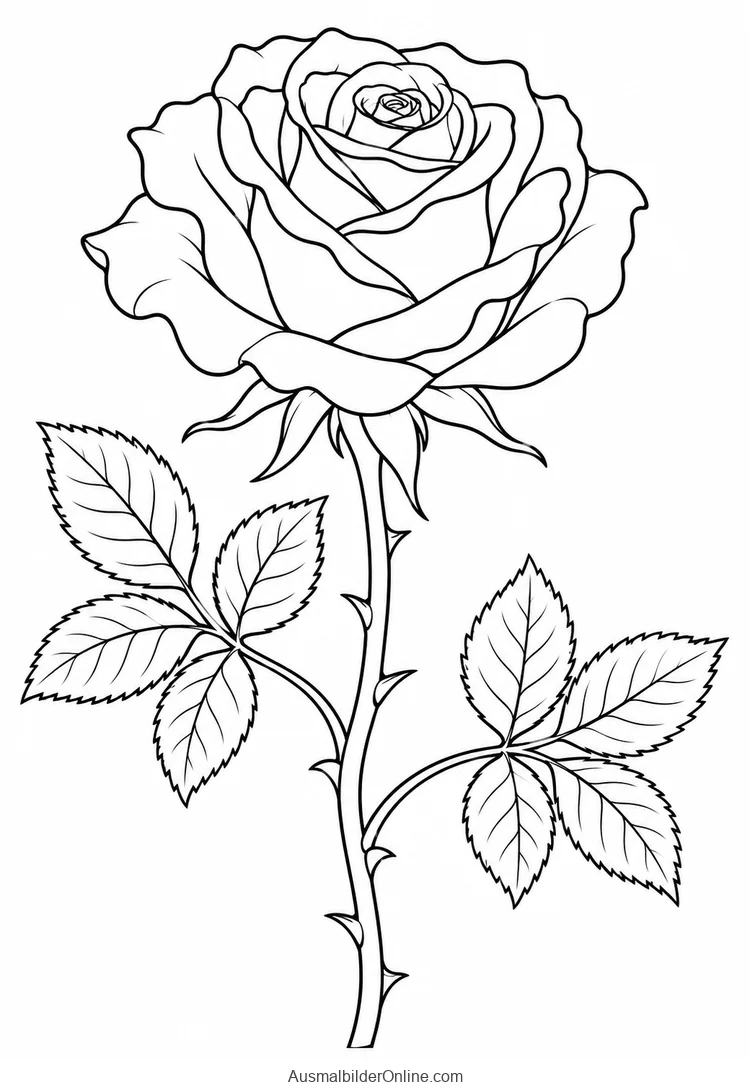 Große gefüllte Rosenblüte an einem dornigen Stiel mit gezähnten Blättern
