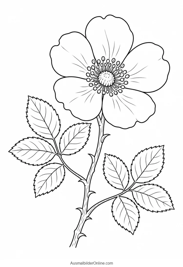 Offene Wildrosenblüte mit fünf Blütenblättern und sichtbaren Staubblättern