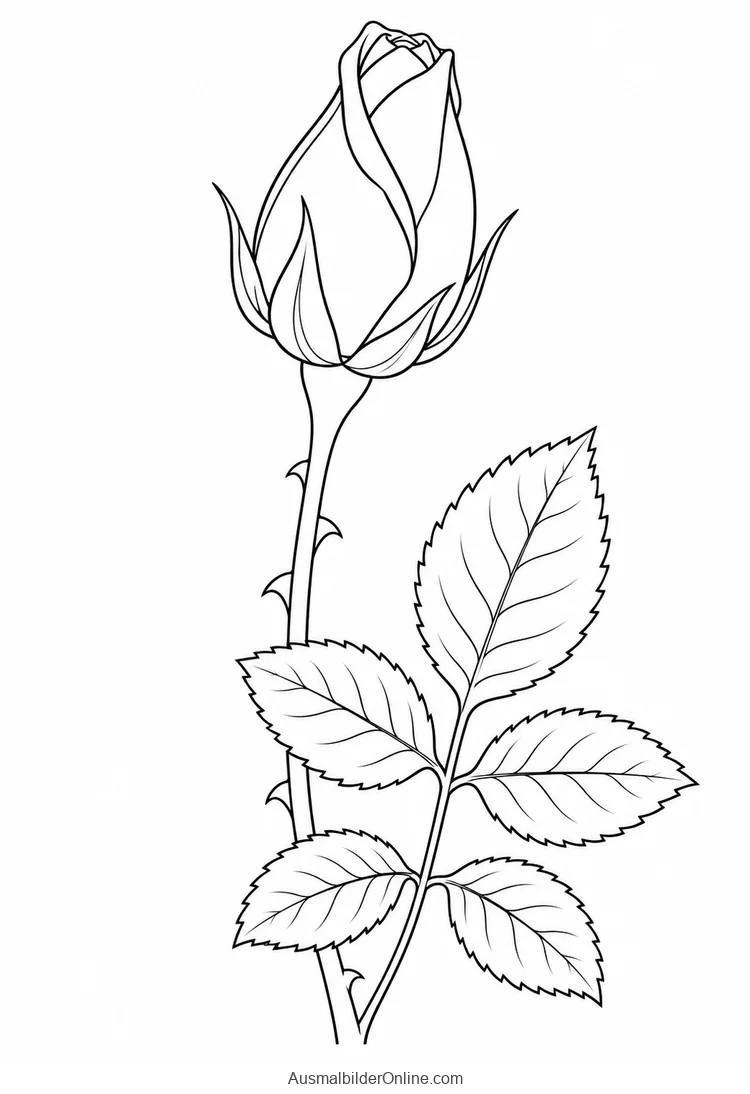 Geschlossene Rosenknospe an einem schlanken Stiel mit Laubblättern