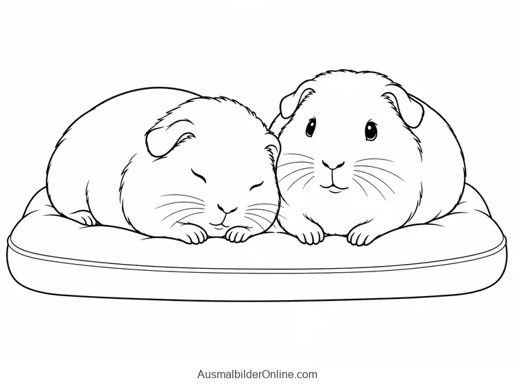 Zwei Meerschweinchen ruhen nebeneinander auf einem ovalen Kissen