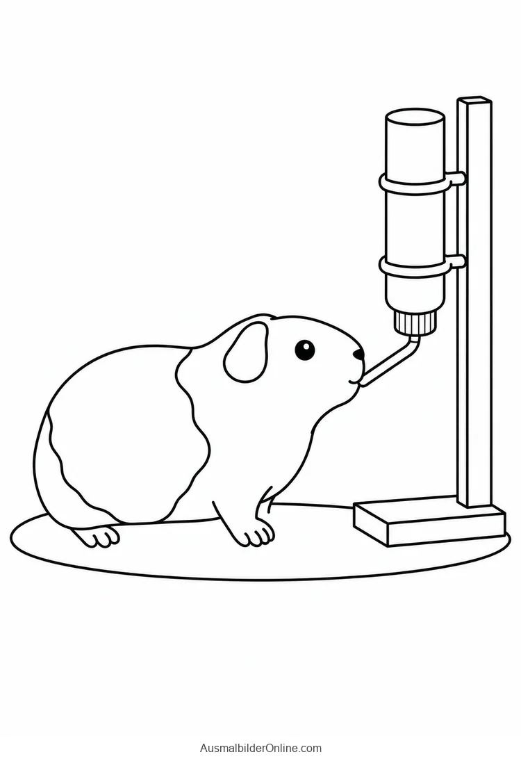 Meerschweinchen trinkt an der Tülle einer Wasserflasche auf einem Ständer