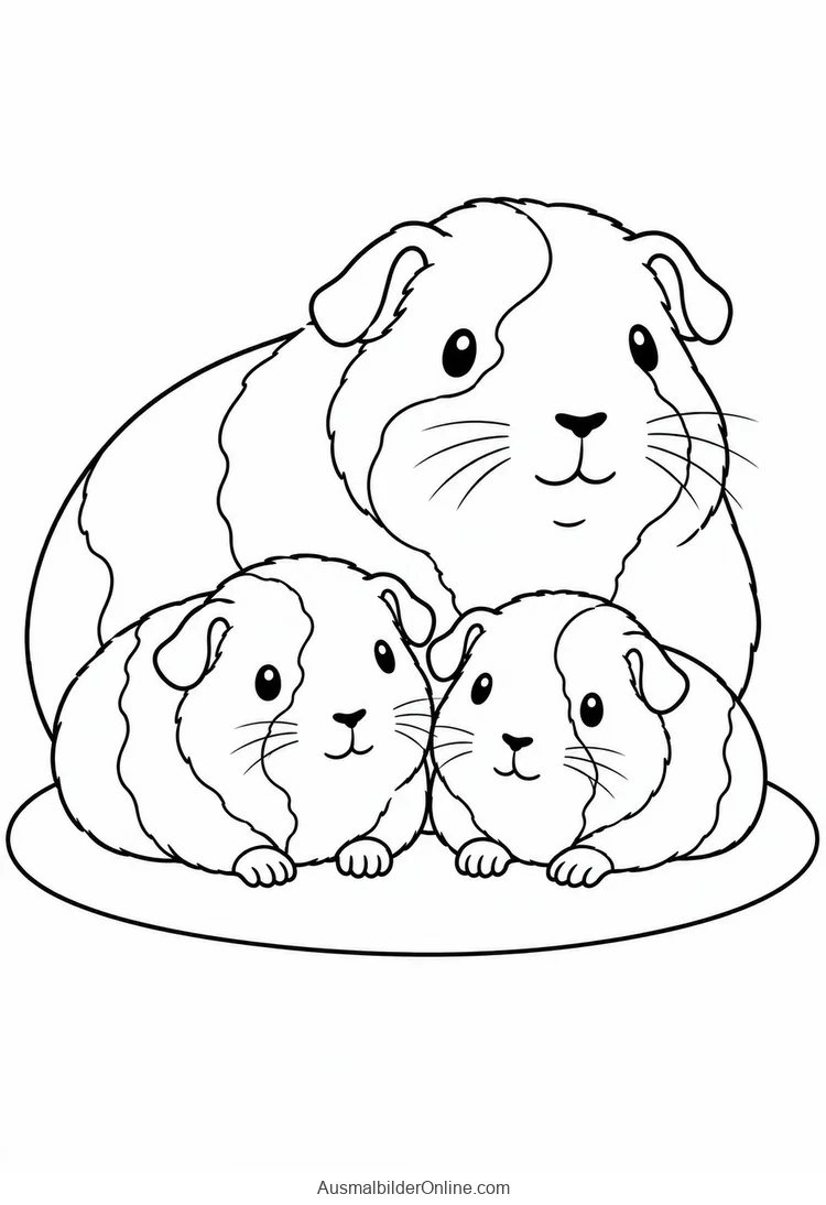Meerschweinchenmutter sitzt hinter zwei kleinen Jungtieren
