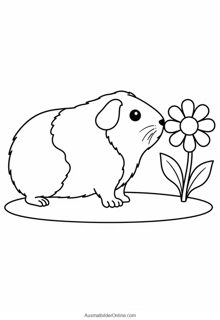 Meerschweinchen hält seine Nase an eine Blume mit zwei Blättern