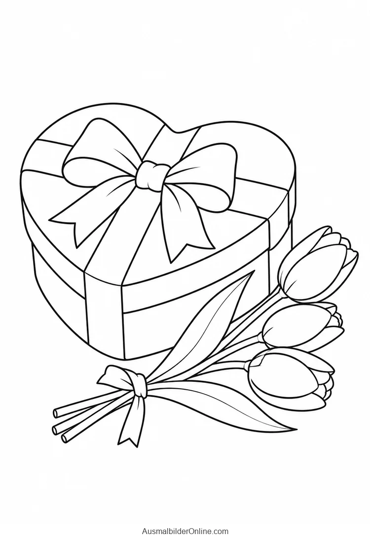 Geschenkbox in Herzform mit Schleife neben drei Tulpen zum Muttertag