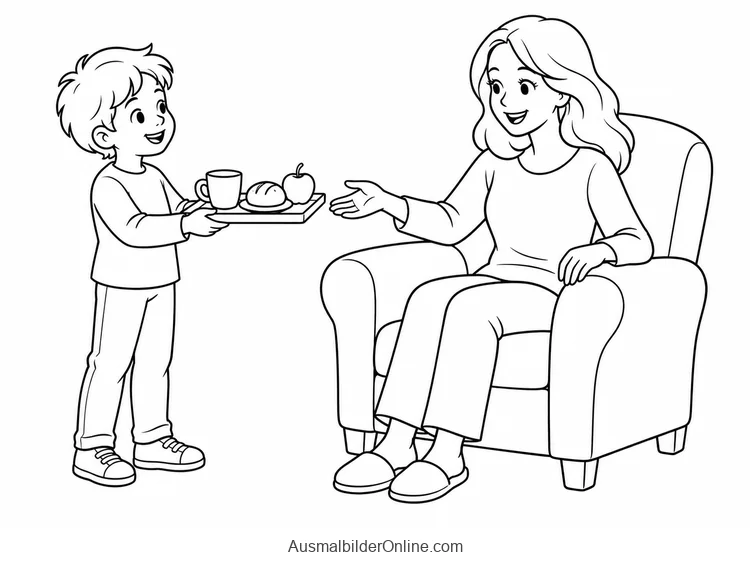 Kind bringt seiner Mutter im Sessel ein Frühstückstablett mit Tasse, Brötchen und Apfel