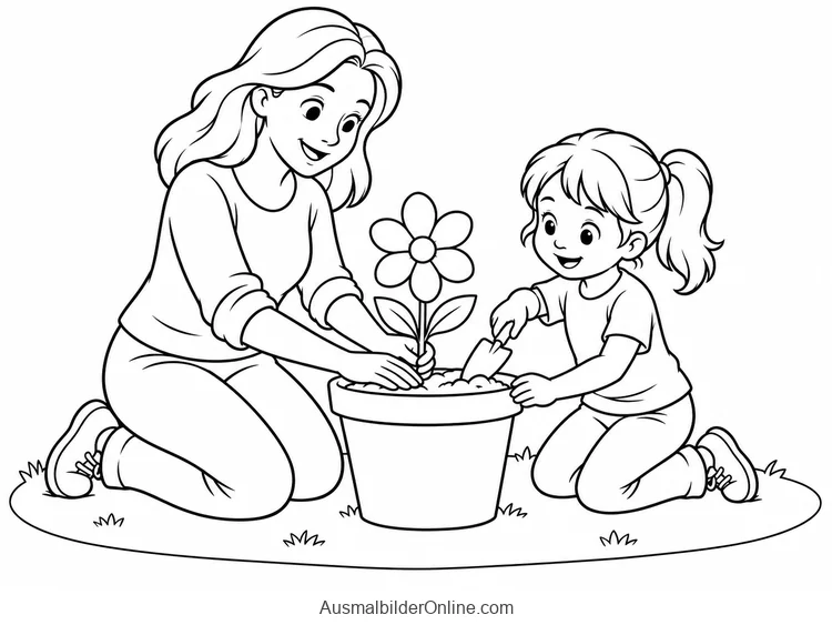 Mutter und Kind pflanzen gemeinsam eine Blume in einen großen Topf