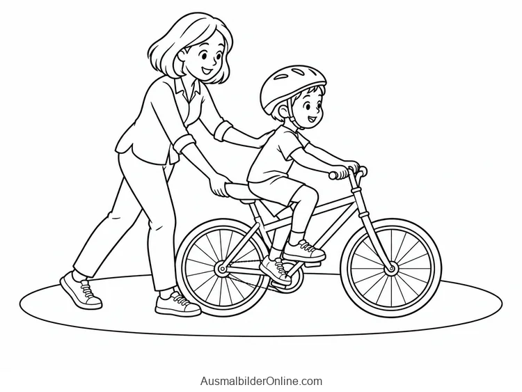 Mutter unterstützt ein Kind mit Helm beim Fahrradfahren