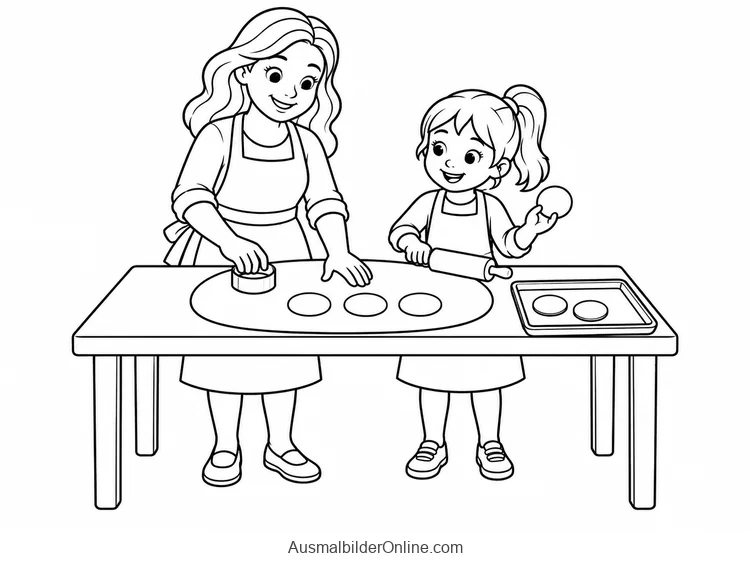 Mutter und Kind stechen gemeinsam runde Plätzchen aus Teig aus