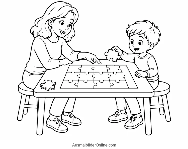 Mutter und Kind sitzen am Tisch und legen ein Puzzle mit großen Teilen