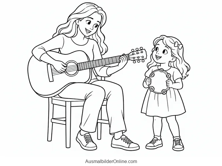 Mutter spielt Gitarre, während ihr Kind ein Tamburin hält