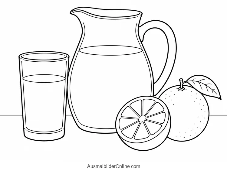 Krug und Glas mit Orangensaft neben einer Orange und einer Orangenscheibe