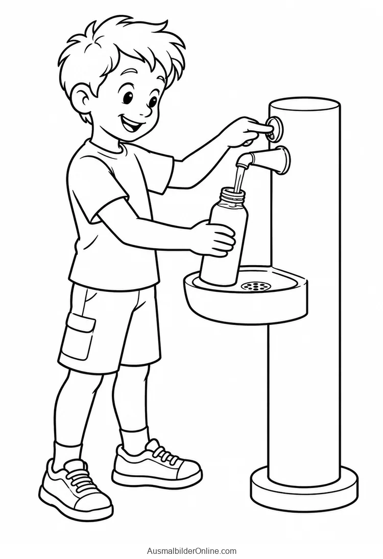 Junge füllt eine Trinkflasche an einem Wasserspender