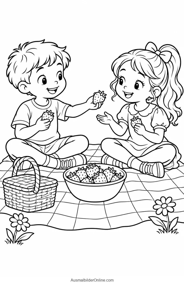 Zwei Kinder teilen Erdbeeren auf einer Picknickdecke neben einem Korb