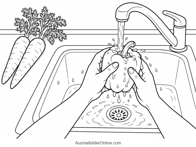 Hände waschen eine Paprika unter dem Wasserhahn neben zwei Möhren