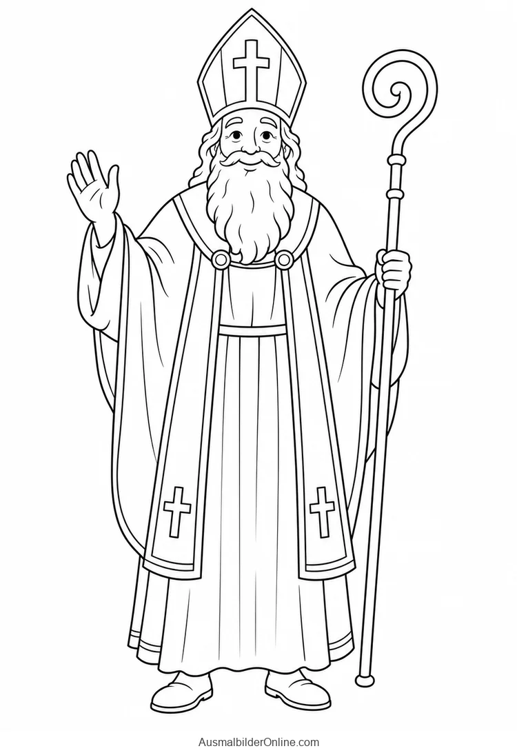 Nikolaus mit Mitra und Bischofsstab hebt eine Hand zum Gruß