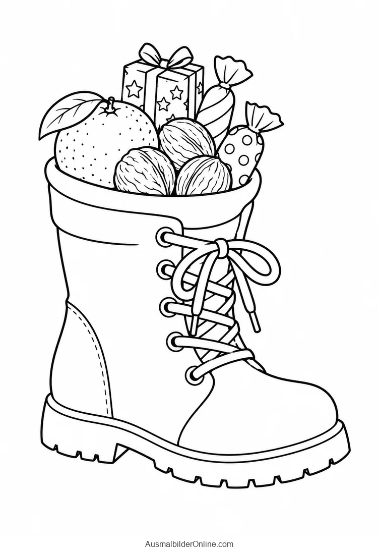 Geschnürter Stiefel ist mit Mandarine, drei Nüssen, Süßigkeiten und Geschenk gefüllt