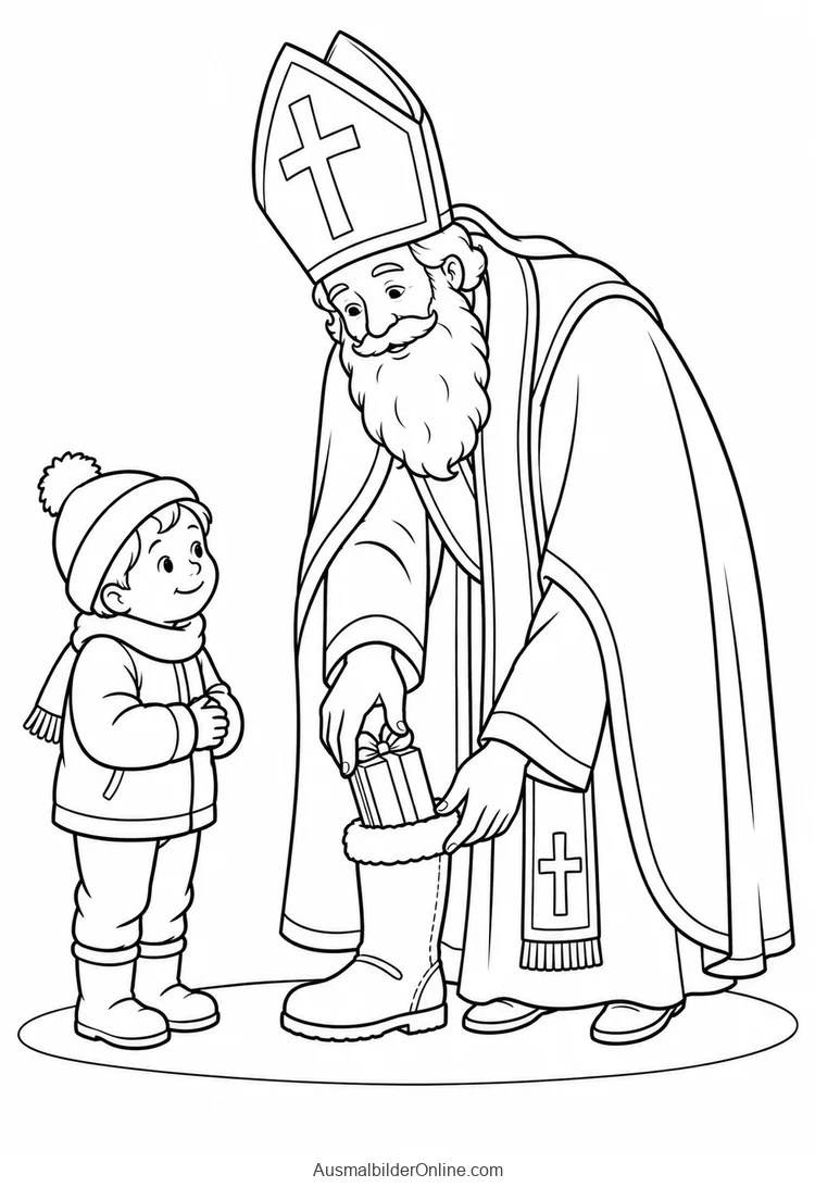 Nikolaus legt ein Geschenk in einen Stiefel, während ein Kind zuschaut
