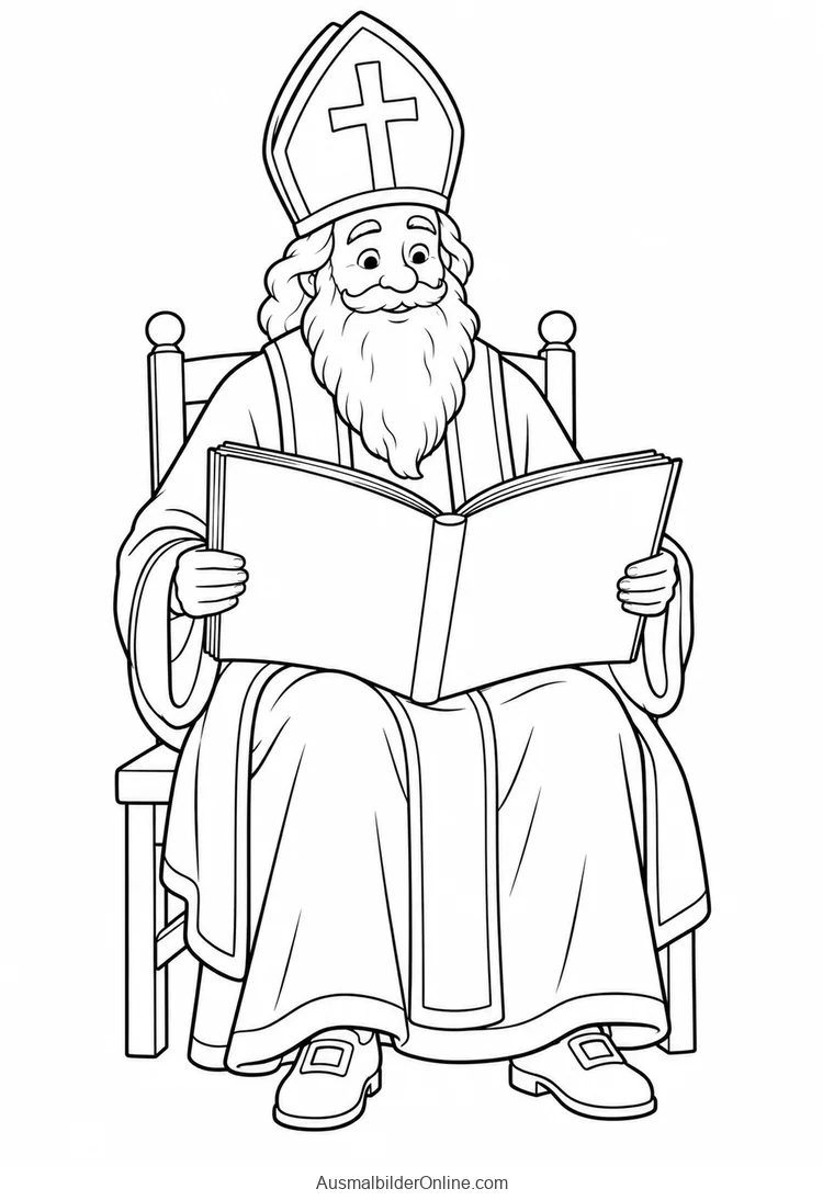 Nikolaus sitzt mit Mitra auf einem Stuhl und hält ein geöffnetes Buch